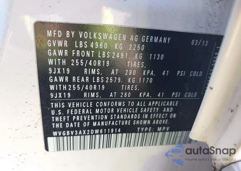 2013 Volkswagen Tiguan Sel from USA, damaged, VIN WVGBV3AX2DW611914